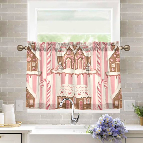 Yayeee Kitchen Curtains Light Filtering 27"x36" Rod Pocket Short Cafe Window Panel, Pink Candy House