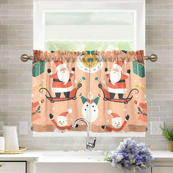 Yayeee Kitchen Curtains Light Filtering 27"x36" Rod Pocket Short Cafe Window Panel, Pink Christmas Santa