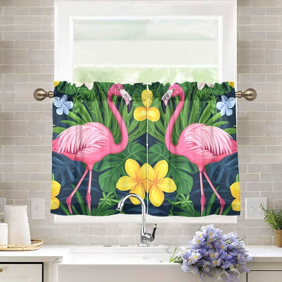 Yayeee Kitchen Curtains Tier Pair Light Filtering 27"x36" Rod Pocket Short Cafe Window Panel, Pink Flamingo Pattern