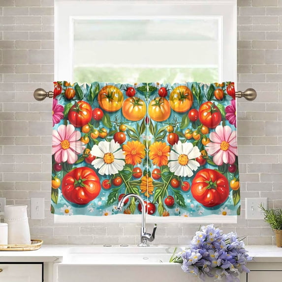 Yayeee Kitchen Curtains Light Filtering 27"x36" Rod Pocket Short Cafe Window Panel, Pink Floral Tomatoes