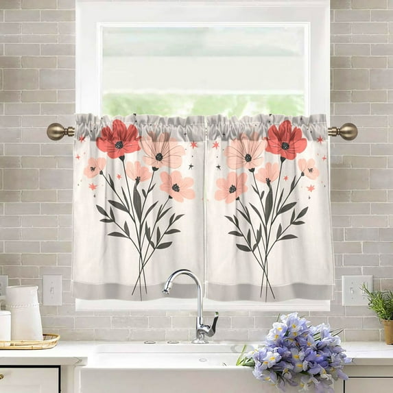 Yayeee Kitchen Curtains Tier Pair Light Filtering 27"x36" Rod Pocket Short Cafe Window Panel, Pink Flower