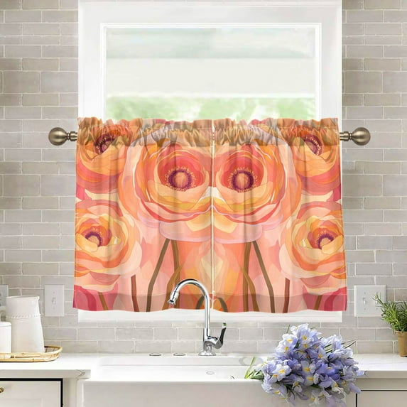 Yayeee Kitchen Curtains Tier Pair Light Filtering 27"x36" Rod Pocket Short Cafe Window Panel, Pink Flowers