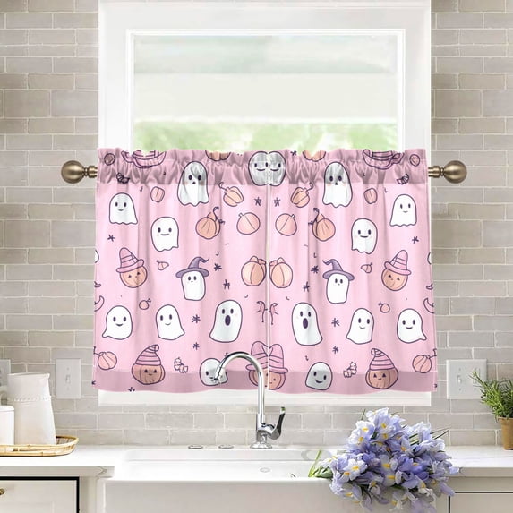 Yayeee Kitchen Curtains Tier Pair Light Filtering 27"x36" Rod Pocket Short Cafe Window Panel, Pink Halloween