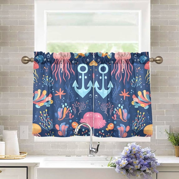 Yayeee Kitchen Curtains Tier Pair Light Filtering 27"x36" Rod Pocket Short Cafe Window Panel, Pink Jellyfish