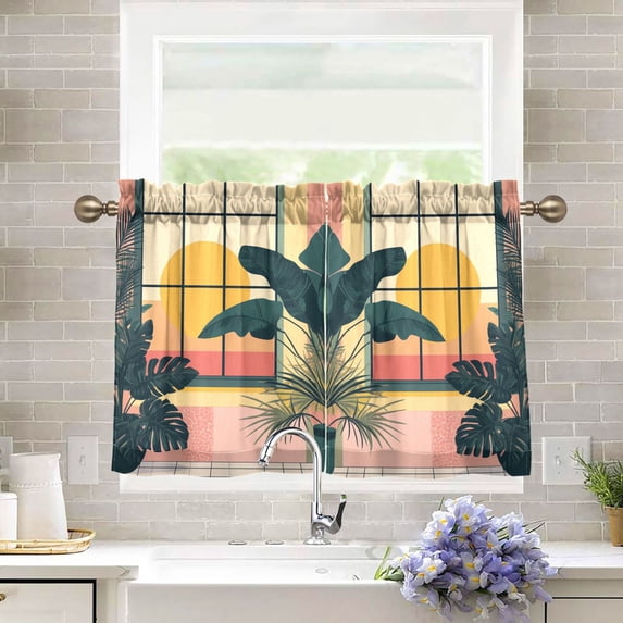 Yayeee Kitchen Curtains Tier Pair Light Filtering 27"x36" Rod Pocket Short Cafe Window Panel, Pink Sunset