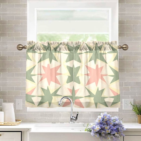Yayeee Kitchen Curtains Tier Pair Light Filtering 27"x36" Rod Pocket Short Cafe Window Panel, Pink and Green Geometric