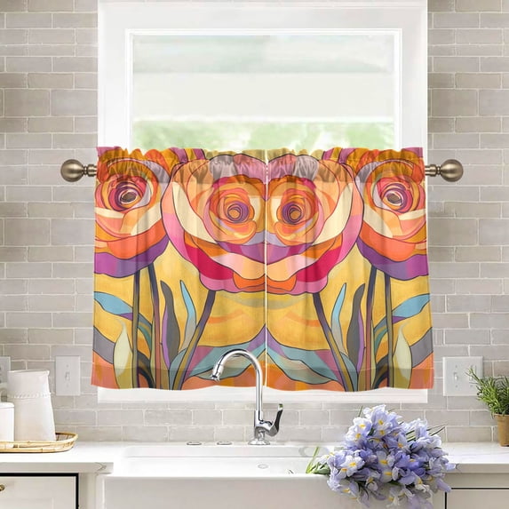 Yayeee Kitchen Curtains Tier Pair Light Filtering 27"x36" Rod Pocket Short Cafe Window Panel, Purple Abstract Floral