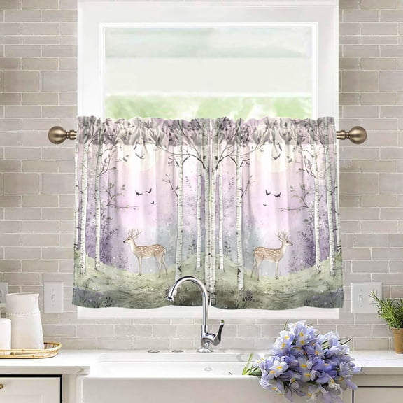 Yayeee Kitchen Curtains Tier Pair Light Filtering 27"x36" Rod Pocket Short Cafe Window Panel, Purple Deer