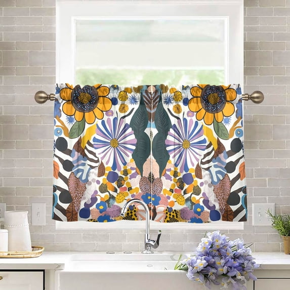 Yayeee Kitchen Curtains Tier Pair Light Filtering 27"x36" Rod Pocket Short Cafe Window Panel, Purple Flowers