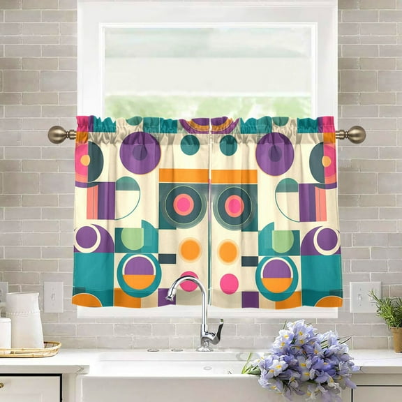 Yayeee Kitchen Curtains Light Filtering 27"x36" Rod Pocket Short Cafe Window Panel, Purple Geometric