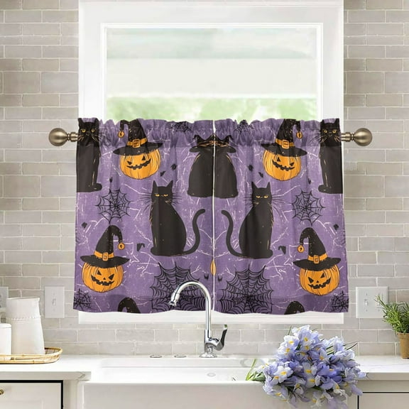 Yayeee Kitchen Curtains Light Filtering 27"x36" Rod Pocket Short Cafe Window Panel, Purple Halloween Black Cat