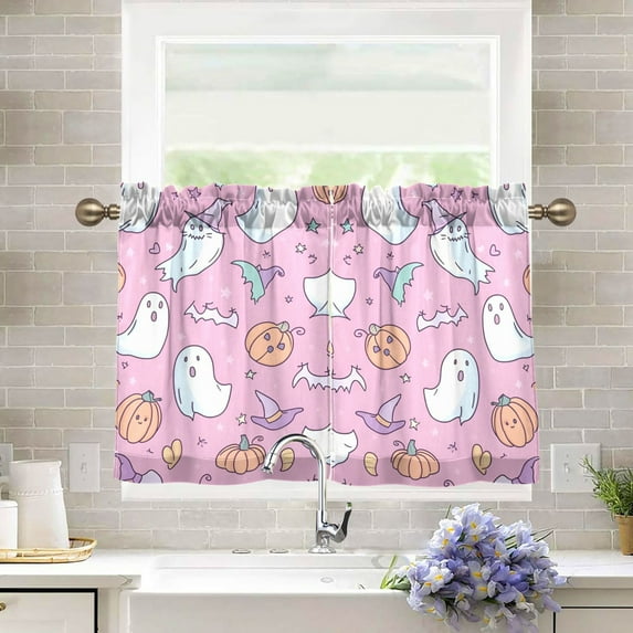 Yayeee Kitchen Curtains Tier Pair Light Filtering 27"x36" Rod Pocket Short Cafe Window Panel, Purple Halloween