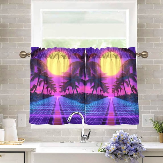 Yayeee Kitchen Curtains Tier Pair Light Filtering 27"x36" Rod Pocket Short Cafe Window Panel, Purple Neon Road
