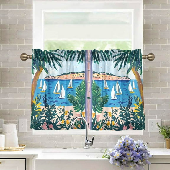 Yayeee Kitchen Curtains Light Filtering 27"x36" Rod Pocket Short Cafe Window Panel, Purple Seaside