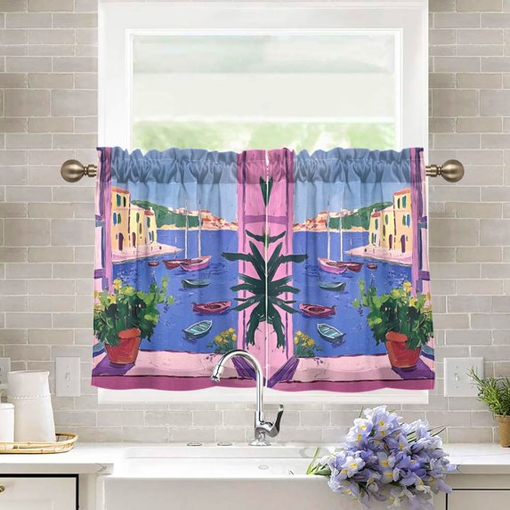 Yayeee Kitchen Curtains Tier Pair Light Filtering 27"x36" Rod Pocket Short Cafe Window Panel, Purple Window Scene