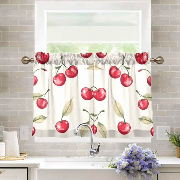 Yayeee Kitchen Curtains Tier Pair Light Filtering 27"x36" Rod Pocket Short Cafe Window Panel, Red Cherry