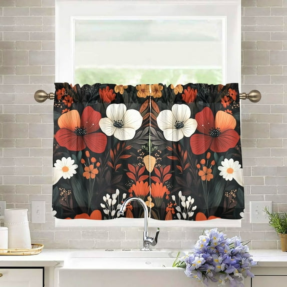 Yayeee Kitchen Curtains Tier Pair Light Filtering 27"x36" Rod Pocket Short Cafe Window Panel, Red Flowers Pattern