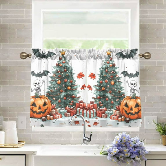 Yayeee Kitchen Curtains Tier Pair Light Filtering 27"x36" Rod Pocket Short Cafe Window Panel, Red Halloween Trees