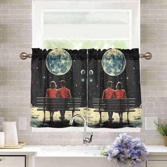 Yayeee Kitchen Curtains Tier Pair Light Filtering 27"x36" Rod Pocket Short Cafe Window Panel, Red Sitting on The Moon