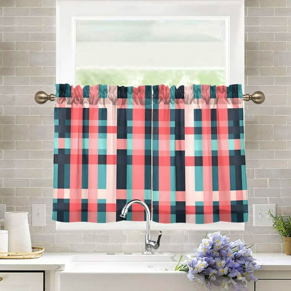Yayeee Kitchen Curtains Tier Pair Light Filtering 27"x36" Rod Pocket Short Cafe Window Panel, Red Teal Stripes