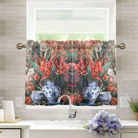 Yayeee Kitchen Curtains Tier Pair Light Filtering 27"x36" Rod Pocket Short Cafe Window Panel, Red Vibrant Flowers