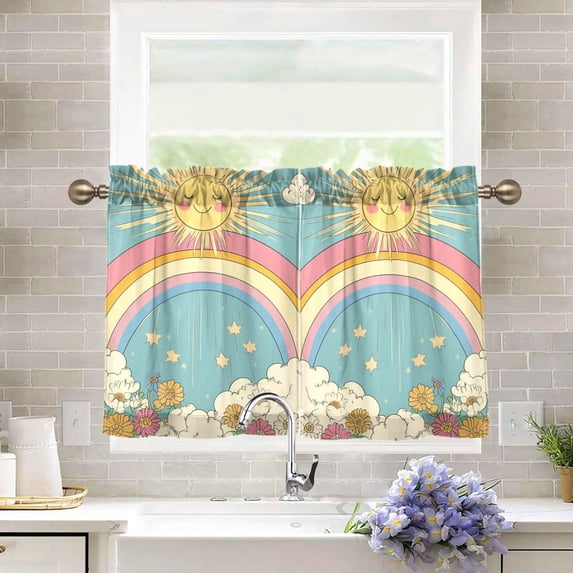 Yayeee Kitchen Curtains Tier Pair Light Filtering 27"x36" Rod Pocket Short Cafe Window Panel, Retro Beige Rainbow