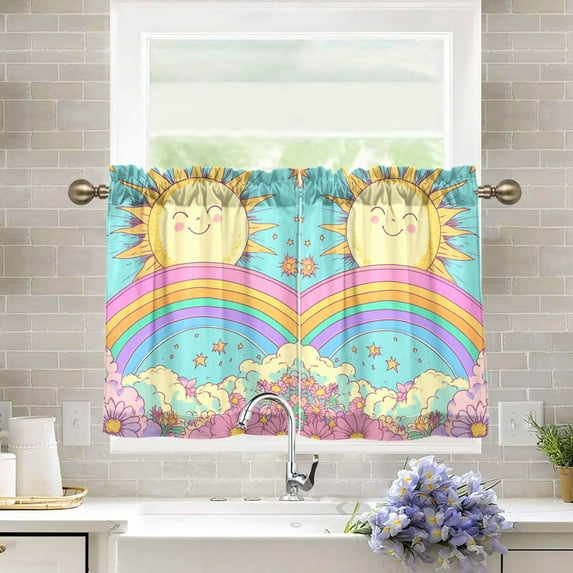 Yayeee Kitchen Curtains Tier Pair Light Filtering 27"x36" Rod Pocket Short Cafe Window Panel, Retro Blue Rainbow