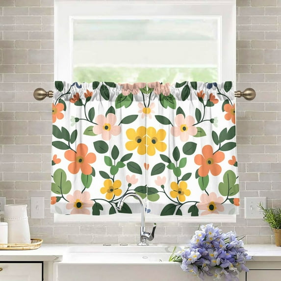 Yayeee Kitchen Curtains Tier Pair Light Filtering 27"x36" Rod Pocket Short Cafe Window Panel, Retro Colorful Flowers