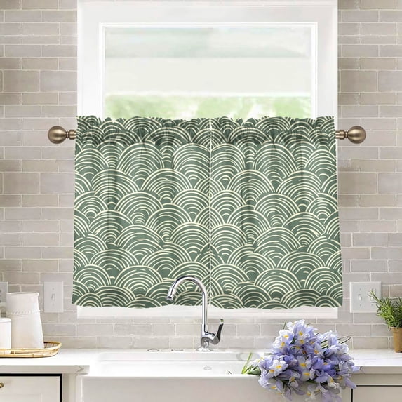 Yayeee Kitchen Curtains Tier Pair Light Filtering 27"x36" Rod Pocket Short Cafe Window Panel, Retro Green Abstract