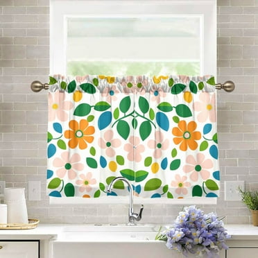 Yayeee Kitchen Curtains Light Filtering 27"x36" Rod Pocket Short Cafe Window Panel, Retro Orange Floral