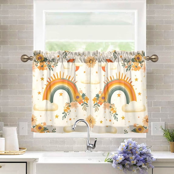 Yayeee Kitchen Curtains Tier Pair Light Filtering 27"x36" Rod Pocket Short Cafe Window Panel, Retro Rainbow