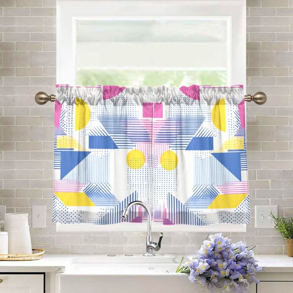 Yayeee Kitchen Curtains Light Filtering 27"x36" Rod Pocket Short Cafe Window Panel, Retro Simple Shapes