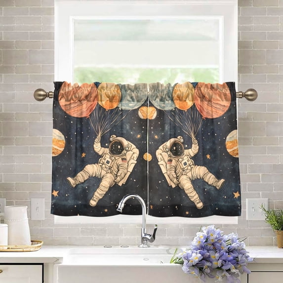 Yayeee Kitchen Curtains Tier Pair Light Filtering 27"x36" Rod Pocket Short Cafe Window Panel, Retro Watercolor Planet