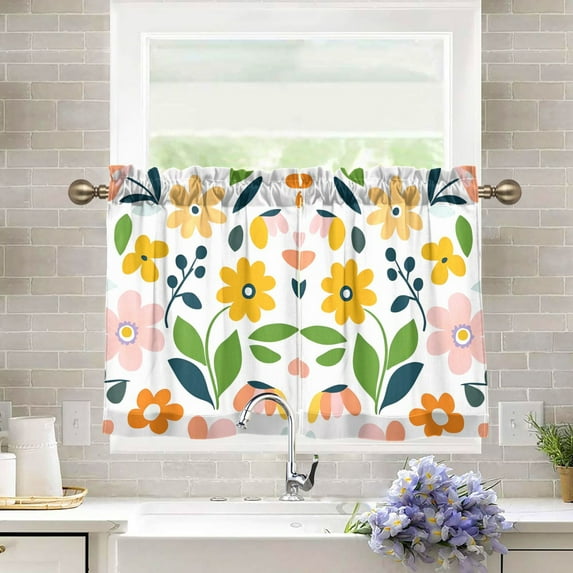 Yayeee Kitchen Curtains Tier Pair Light Filtering 27"x36" Rod Pocket Short Cafe Window Panel, Retro Yellow Floral