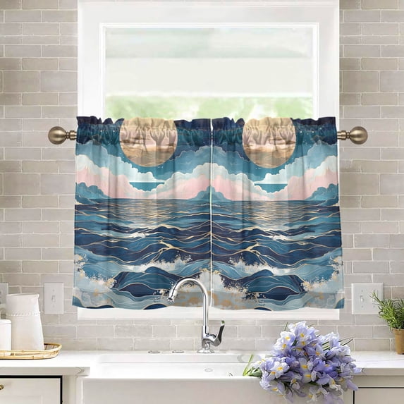 Yayeee Kitchen Curtains Tier Pair Light Filtering 27"x36" Rod Pocket Short Cafe Window Panel, Rolling Waves