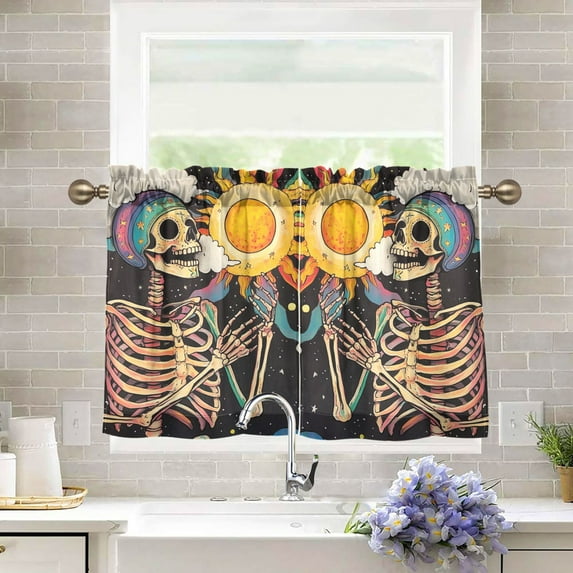 Yayeee Kitchen Curtains Tier Pair Light Filtering 27"x36" Rod Pocket Short Cafe Window Panel, Skeleton with Sun