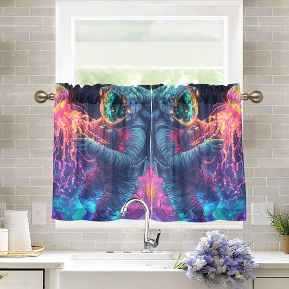 Yayeee Kitchen Curtains Tier Pair Light Filtering 27"x36" Rod Pocket Short Cafe Window Panel, Space Astronaut