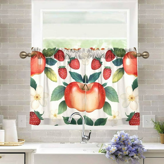 Yayeee Kitchen Curtains Tier Pair Light Filtering 27"x36" Rod Pocket Short Cafe Window Panel, Strawberry Pattern