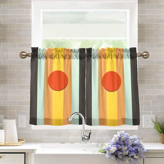 Yayeee Kitchen Curtains Tier Pair Light Filtering 27"x36" Rod Pocket Short Cafe Window Panel, Stripes and Circle