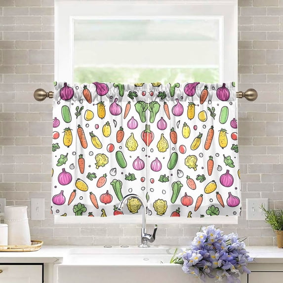 Yayeee Kitchen Curtains Light Filtering 27"x36" Rod Pocket Short Cafe Window Panel, Various Vegetables Pattern
