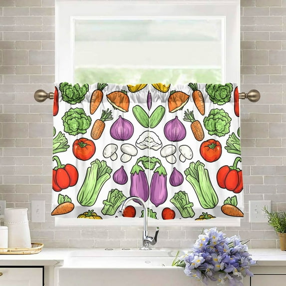 Yayeee Kitchen Curtains Tier Pair Light Filtering 27"x36" Rod Pocket Short Cafe Window Panel, Vegetables Pattern