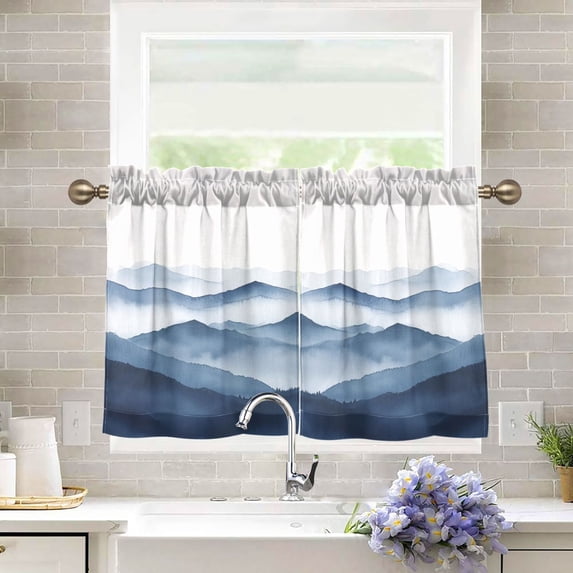 Yayeee Kitchen Curtains Tier Pair Light Filtering 27"x36" Rod Pocket Short Cafe Window Panel, Watercolor Mountains