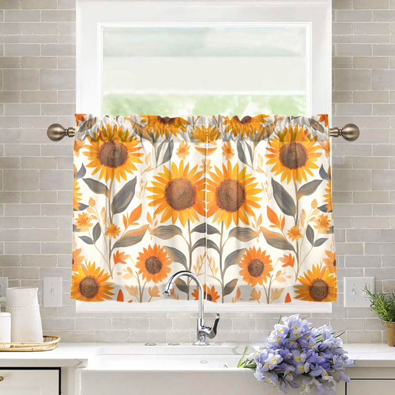 Yayeee Kitchen Curtains Tier Pair Light Filtering 27"x36" Rod Pocket Short Cafe Window Panel, Watercolor Sunflowers and Leaves