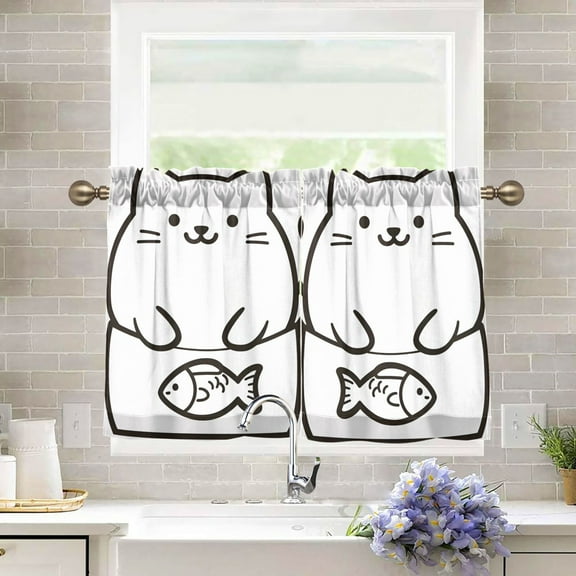 Yayeee Kitchen Curtains Light Filtering 27"x36" Rod Pocket Short Cafe Window Panel, White Chubby Cat