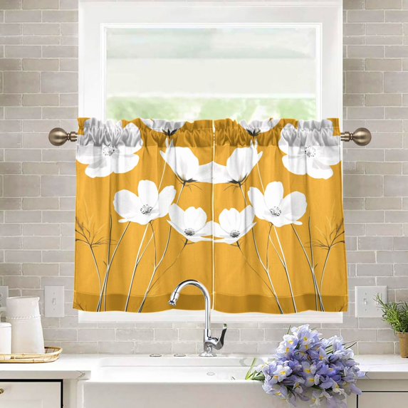 Yayeee Kitchen Curtains Tier Pair Light Filtering 27"x36" Rod Pocket Short Cafe Window Panel, White Flowers