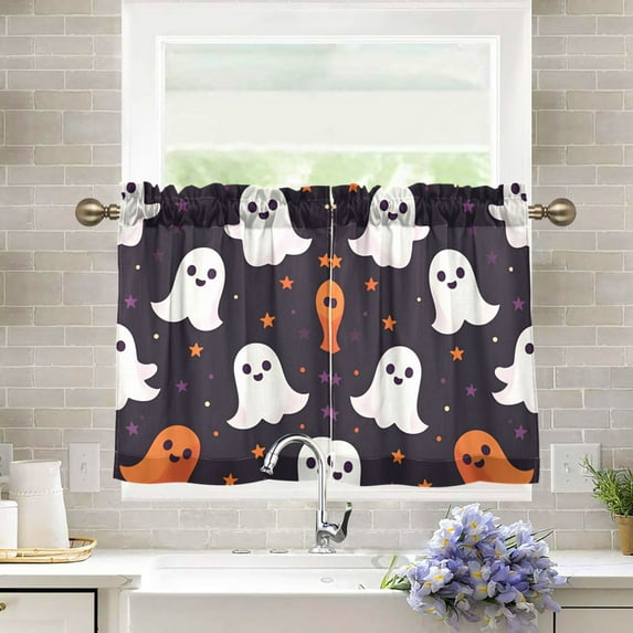 Yayeee Kitchen Curtains Tier Pair Light Filtering 27"x36" Rod Pocket Short Cafe Window Panel, White Halloween Ghosts