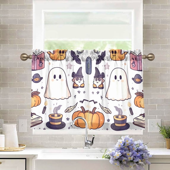 Yayeee Kitchen Curtains Tier Pair Light Filtering 27"x36" Rod Pocket Short Cafe Window Panel, White Magical Halloween