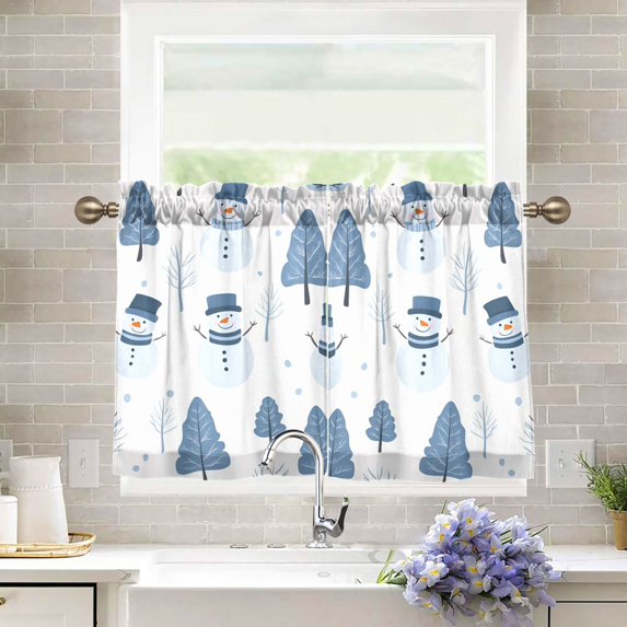 Yayeee Kitchen Curtains Tier Pair Light Filtering 27"x36" Rod Pocket Short Cafe Window Panel, White Snowman