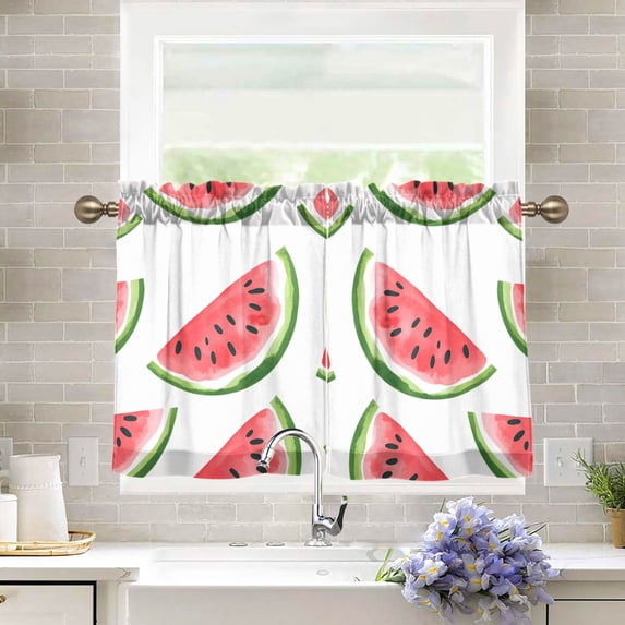 Yayeee Kitchen Curtains Tier Pair Light Filtering 27"x36" Rod Pocket Short Cafe Window Panel, White Watermelon