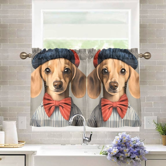 Yayeee Kitchen Curtains Tier Pair Light Filtering 27"x36" Rod Pocket Short Cafe Window Panel, Yellow Dog Artist